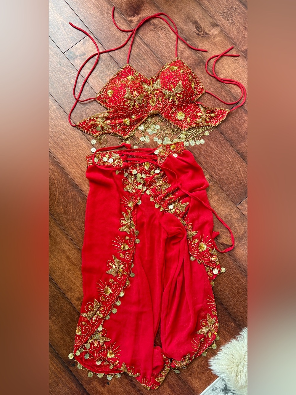Red Gold Sequined Belly Dance Costume Two-Piece Bra Harem Pants